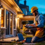 A photograph of a lighting contractor installing solar outdoor lights in a residential setting