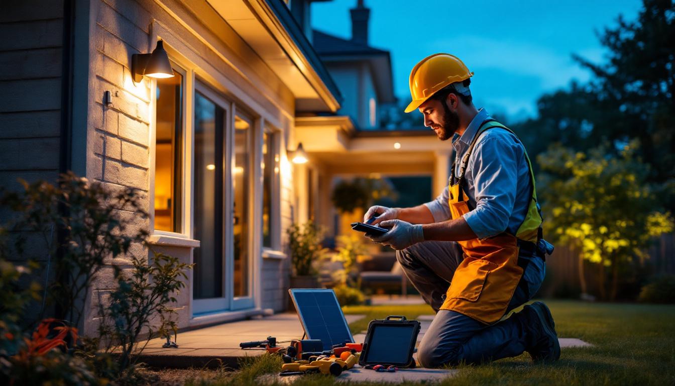 A photograph of a lighting contractor installing solar outdoor lights in a residential setting