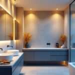 A photograph of a modern bathroom featuring sleek small recessed lights illuminating the space