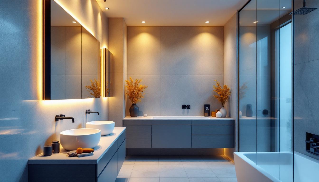 A photograph of a modern bathroom featuring sleek small recessed lights illuminating the space