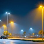 A photograph of a well-lit parking lot showcasing tall