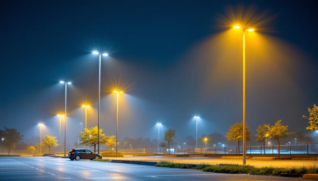 A photograph of a well-lit parking lot showcasing tall