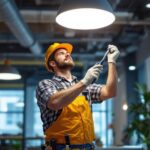 A photograph of a lighting contractor installing energy-efficient