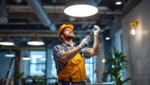 A photograph of a lighting contractor installing energy-efficient