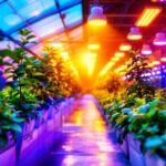 A photograph of a vibrant greenhouse interior showcasing an array of energy-efficient grow lights illuminating healthy plants