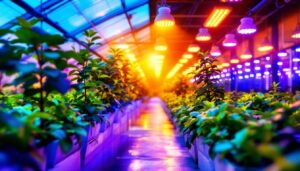 A photograph of a vibrant greenhouse interior showcasing an array of energy-efficient grow lights illuminating healthy plants