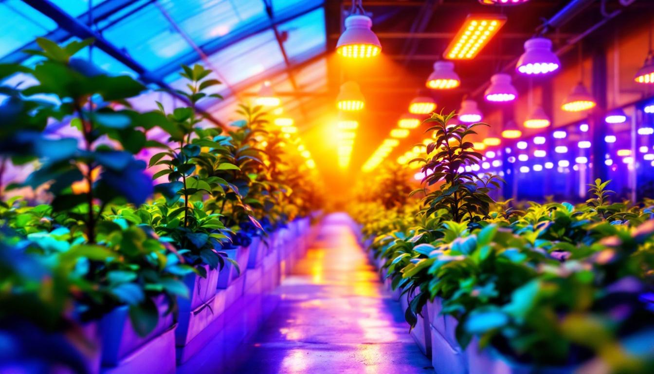 A photograph of a vibrant greenhouse interior showcasing an array of energy-efficient grow lights illuminating healthy plants
