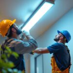 A photograph of a lighting contractor installing 2ft led lights in a residential or commercial space