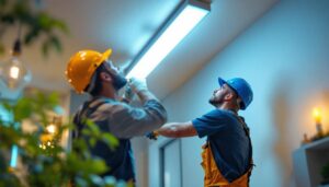 A photograph of a lighting contractor installing 2ft led lights in a residential or commercial space