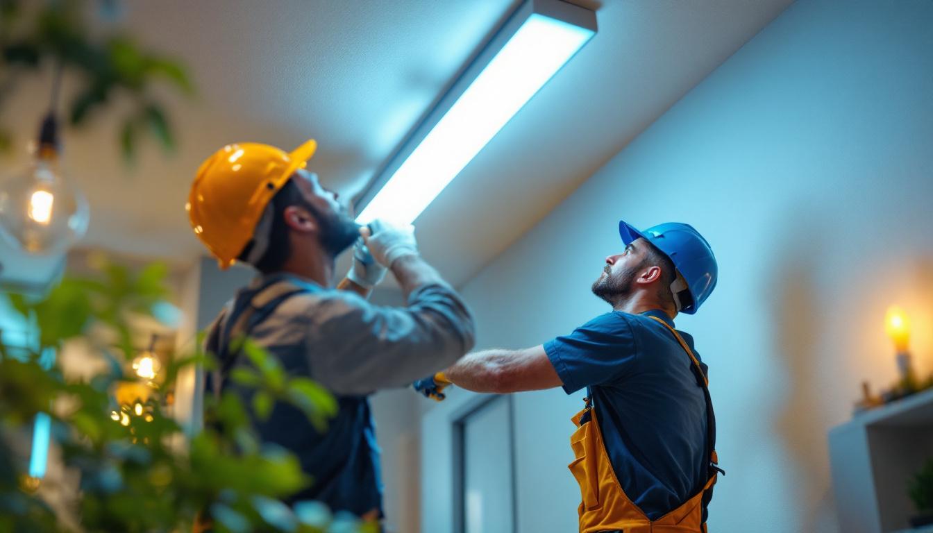 A photograph of a lighting contractor installing 2ft led lights in a residential or commercial space
