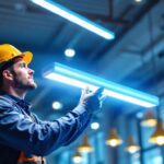 A photograph of a lighting contractor installing or showcasing 4-foot led lights in a commercial space