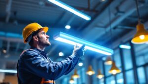 A photograph of a lighting contractor installing or showcasing 4-foot led lights in a commercial space