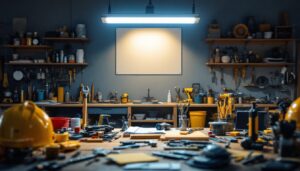 A photograph of a well-lit workspace showcasing a 3 ft shop light in action