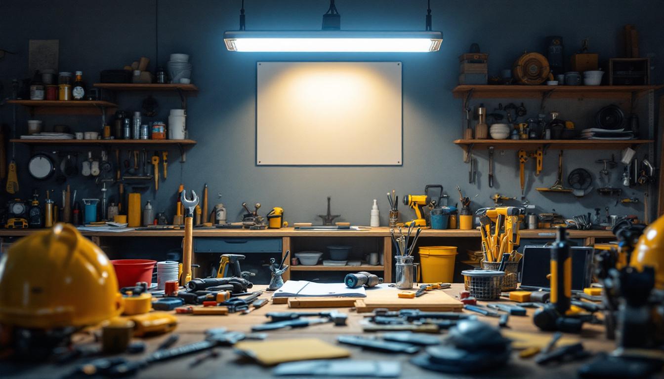 A photograph of a well-lit workspace showcasing a 3 ft shop light in action