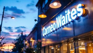 A photograph of a well-lit exterior signage installation at dusk