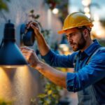 A photograph of a skilled lighting contractor installing or adjusting stylish