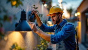 A photograph of a skilled lighting contractor installing or adjusting stylish