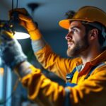 A photograph of a skilled lighting contractor expertly installing or adjusting various types of lighting fixtures in a residential or commercial setting
