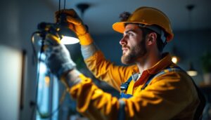 A photograph of a skilled lighting contractor expertly installing or adjusting various types of lighting fixtures in a residential or commercial setting