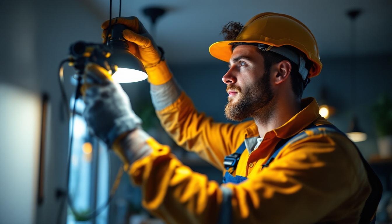 A photograph of a skilled lighting contractor expertly installing or adjusting various types of lighting fixtures in a residential or commercial setting