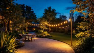 A photograph of a beautifully lit outdoor setting at dusk