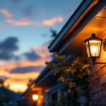 A photograph of a lighting contractor installing a stylish solar porch light on a home