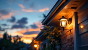 A photograph of a lighting contractor installing a stylish solar porch light on a home