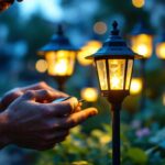 A photograph of a lighting contractor installing or inspecting solar led lanterns in an outdoor setting