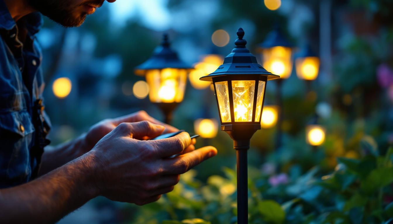 A photograph of a lighting contractor installing or inspecting solar led lanterns in an outdoor setting