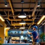 A photograph of a well-designed modern suspended ceiling light installation in a contemporary commercial space