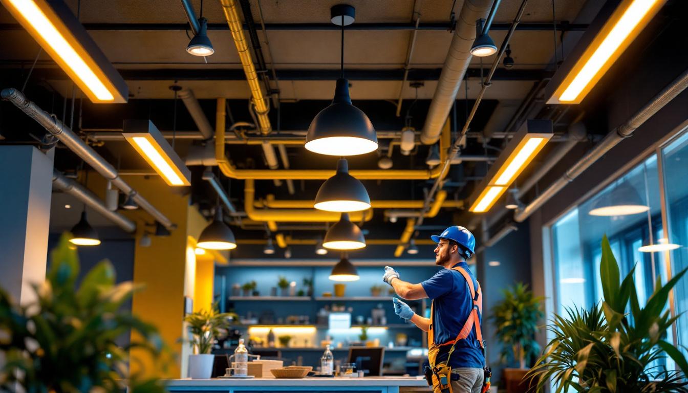 A photograph of a well-designed modern suspended ceiling light installation in a contemporary commercial space