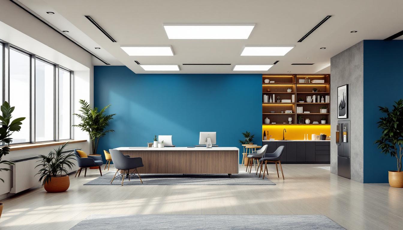 A photograph of a well-lit commercial space featuring a 2x2 troffer lighting installation