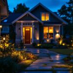 A photograph of a well-lit outdoor space featuring various styles of house solar lights in use