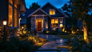 A photograph of a well-lit outdoor space featuring various styles of house solar lights in use