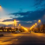 A photograph of capture a photograph of a well-lit parking lot at dusk