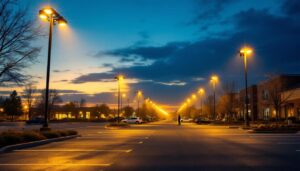 A photograph of capture a photograph of a well-lit parking lot at dusk