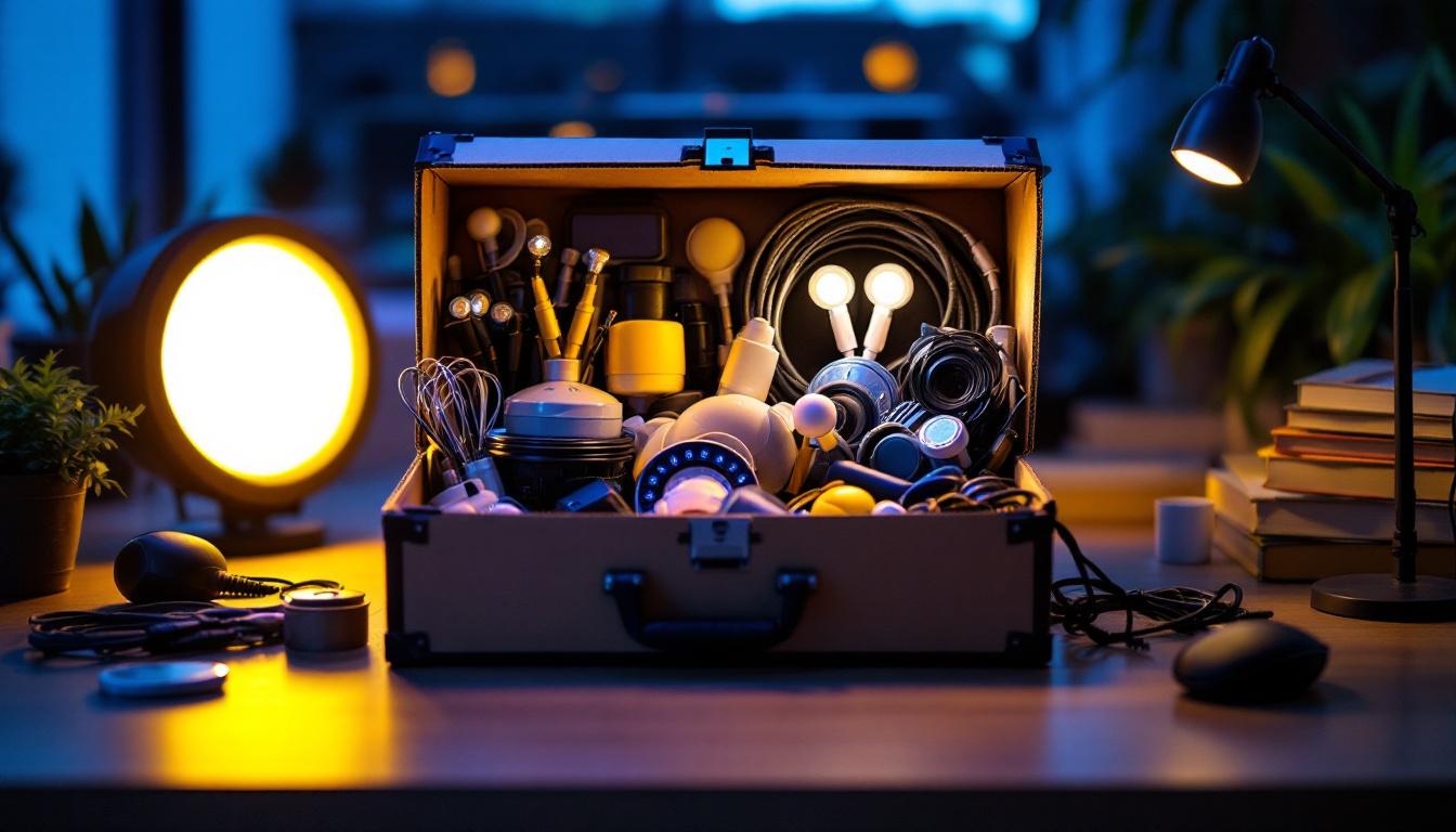 A photograph of a well-organized led shoe box filled with various led lights and accessories