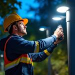 A photograph of a lighting contractor installing led pole fixtures in an outdoor setting