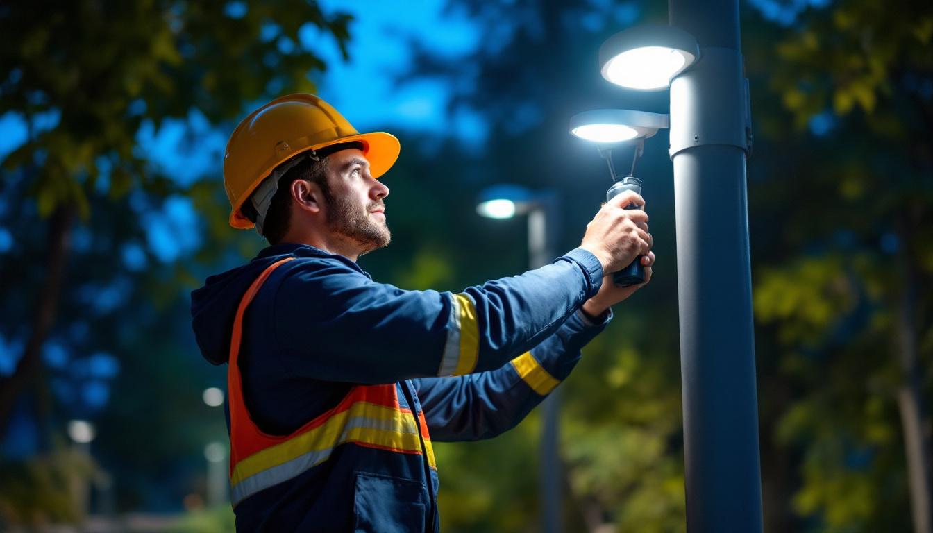 A photograph of a lighting contractor installing led pole fixtures in an outdoor setting