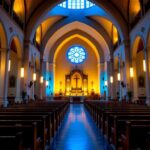 A photograph of a beautifully lit church sanctuary showcasing energy-efficient lighting fixtures