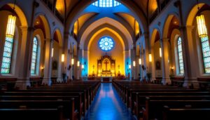 A photograph of a beautifully lit church sanctuary showcasing energy-efficient lighting fixtures