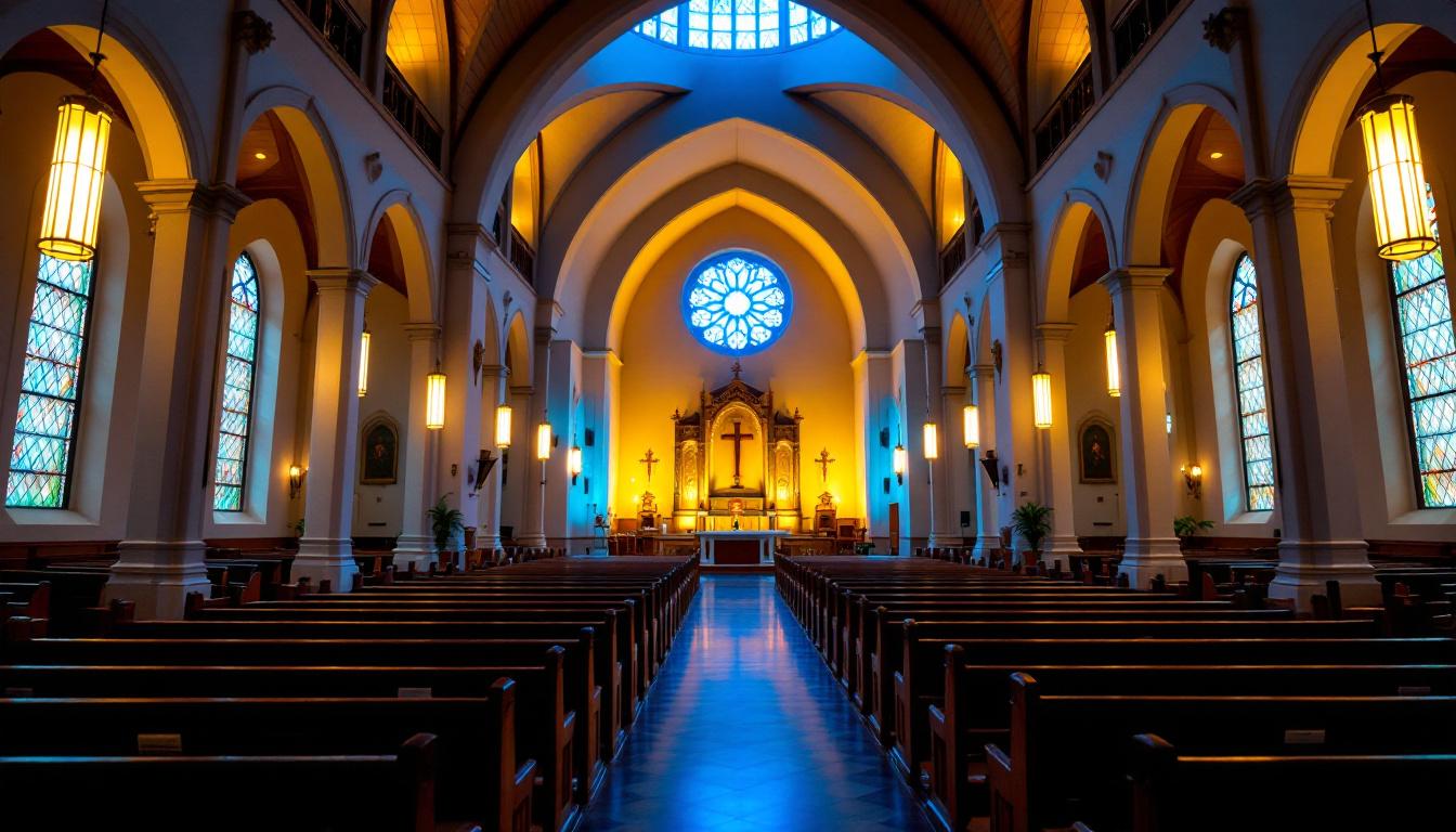 A photograph of a beautifully lit church sanctuary showcasing energy-efficient lighting fixtures