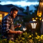 A photograph of a skilled contractor installing solar lights in a residential outdoor setting