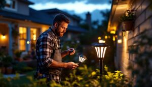 A photograph of a skilled contractor installing solar lights in a residential outdoor setting