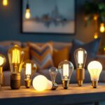 A photograph of a stylishly arranged display of various fancy led light bulbs in a modern living space