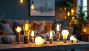 A photograph of a stylishly arranged display of various fancy led light bulbs in a modern living space