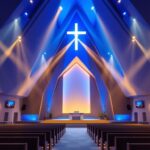 A photograph of a beautifully illuminated modern church interior