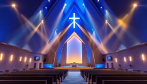 A photograph of a beautifully illuminated modern church interior