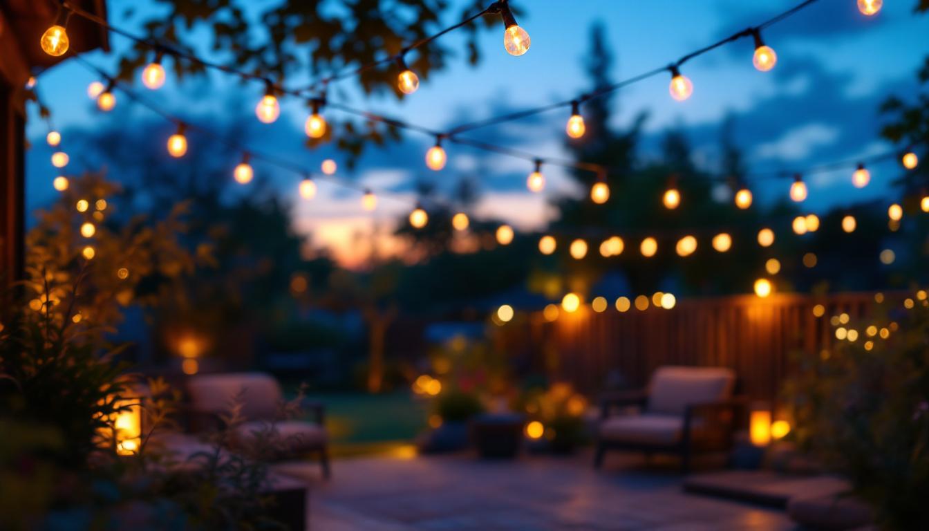 A photograph of a beautifully illuminated outdoor space featuring commercial-grade string lights draped elegantly across a patio or garden