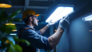 A photograph of a well-lit commercial space featuring a 4ft led wraparound light fixture in use